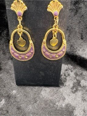 Gold-Tone Purple Enamel Heart Drop Earrings